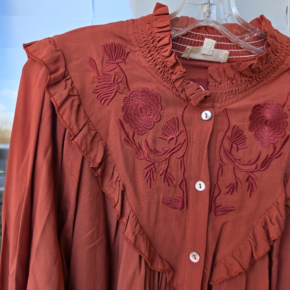 Sz S Listicle Rust Long Sleeves Shirt Embroidery Ruffles Pockets Floral Details